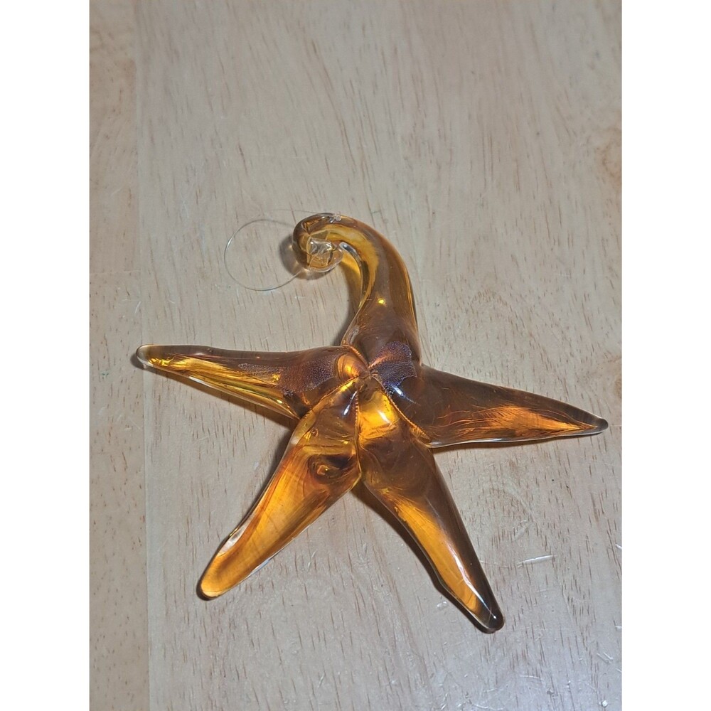 5" Hand Blown Art Glass Starfish Figurine Sculpture Statue Amber Color Signed